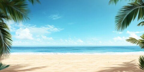 Serene Beach Paradise with Swaying Palms and Calm Ocean: Perfect for Leisure-Themed Displays