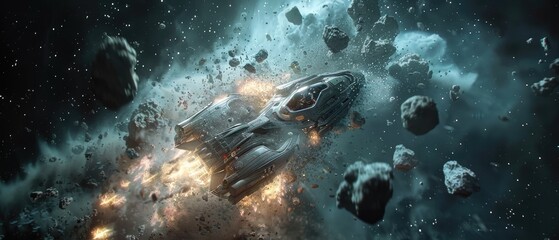 Futuristic spaceship navigating through an asteroid field in deep outer space, showcasing advanced technology and interstellar adventure.