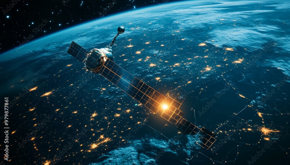 Poster futuristic telecom satellite orbiting earth with holographic data for global internet and gps