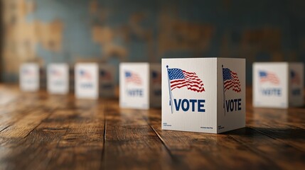 Fototapeta premium American Flag Vote Boxes on Rustic Wood Table with Shallow Focus