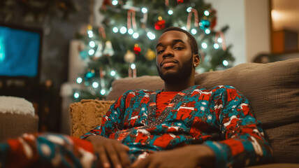 Obraz premium Portrait of a young black man, age 30, wearing a Christmas themed pyjama. Relaxing on a sofa couch at home. Christmas eve. Christmas tree in background. Cozy christmas time.