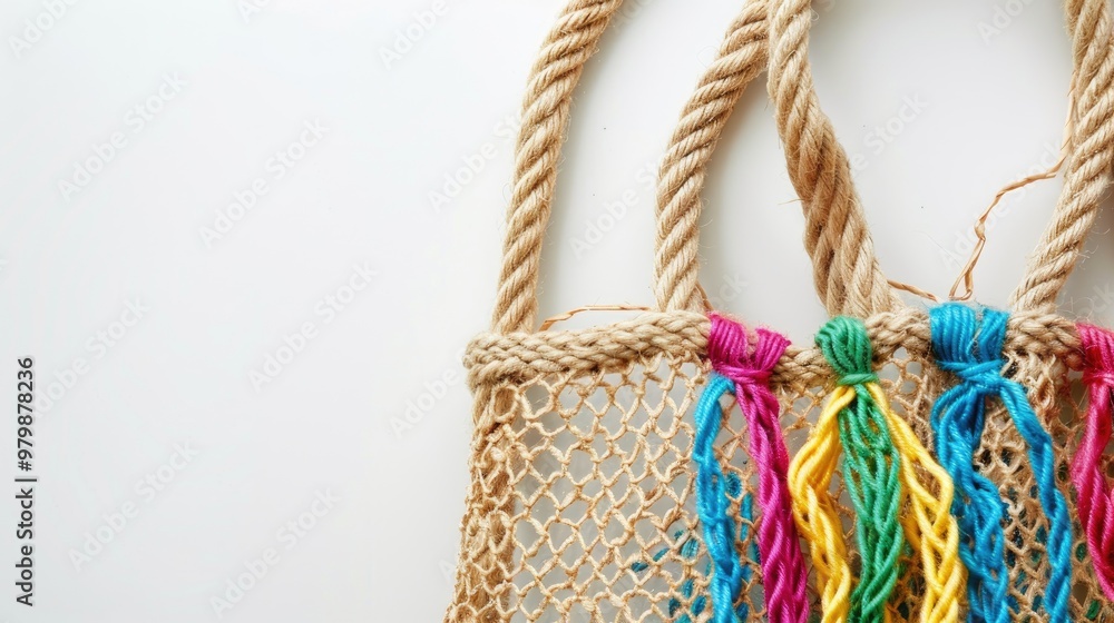 Poster eco friendly cotton net bag with colorful strings on white background