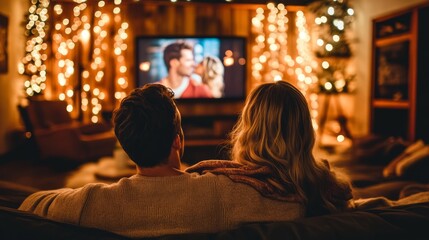 Fototapeta premium Couple is sitting on a sofa, enjoying a romantic movie night in their cozy living room decorated with warm string lights