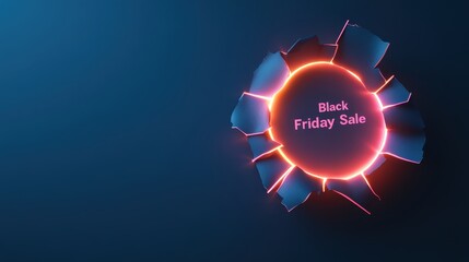 A dark sheet of paper with a torn hole in the middle, revealing bold "Black Friday Sale" text underneath, glowing with neon light.