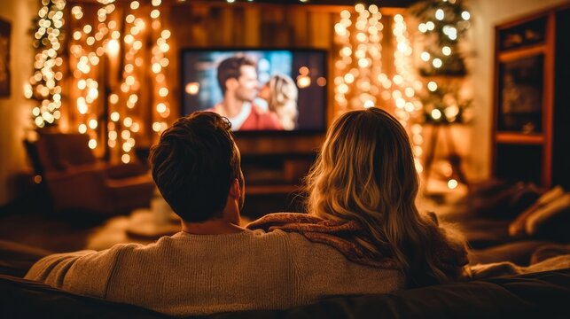 Couple is sitting on a sofa, enjoying a romantic movie night in their cozy living room decorated with warm string lights