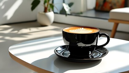 Elegant black ceramic mug showcasing latte art on sunlit white table in a minimalistic indoor ambiance