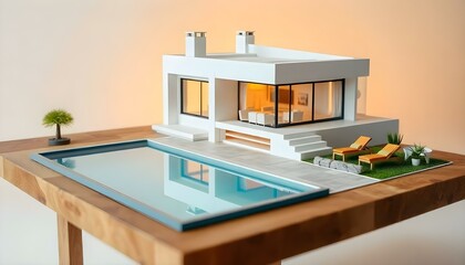 Sleek white miniature villa with modern design and a stylish pool, showcased on a wooden table with subtle lighting and soft shadows.






