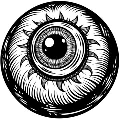 A black and white drawing of an eye with a sun in the background. The eye is large and has a bright, glowing look to it. The sun is positioned above the eye, creating a sense of depth and dimension