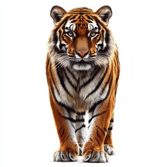Obraz premium Majestic tiger walking forward with striking features, showcasing beauty and power in this captivating wildlife portrait, white background