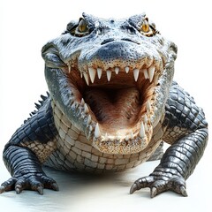 Obraz premium Close-up of an aggressive crocodile showcasing sharp teeth and fierce expression, perfect for wildlife and nature themes, white background