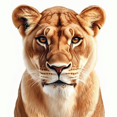 Obraz premium A stunning close-up portrait of a lioness showcasing its majestic features and expressive eyes, symbolizing strength and elegance, white background