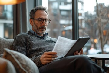 Middle-aged man in business casual attire reading papers on a tablet while sitting by a window in a cozy modern setting