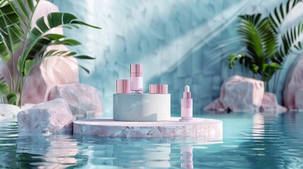 The scene is serene and calming, with the water reflecting the beauty products