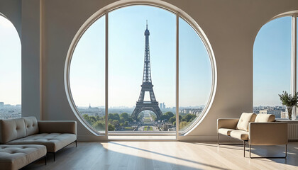 Modern Parisian loft with a minimalist design and a stunning view of the Eiffel Tower.






