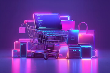 A shopping cart filled with discounted electronics, glowing tech gadgets like laptops and smartphones