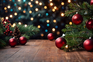 Empty wooden table, cones, ball christmas tree, lights on background, blurred bokeh. Christmas mock up banner to display, advertise product, promotion sale, presentation. New year, winter backgrounds.