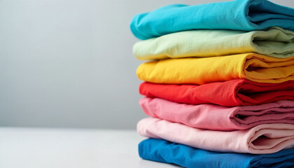 Neatly folded stack of vibrant cotton t-shirts in various colors, with a neutral background enhancing their visual appeal.






