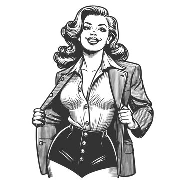 recommend clip art: pin-up woman in a blazer and high-waisted shorts, smiling and posing with retro charm, sketch engraving generative ai vector illustration. Scratch board imitation. Black and white image.