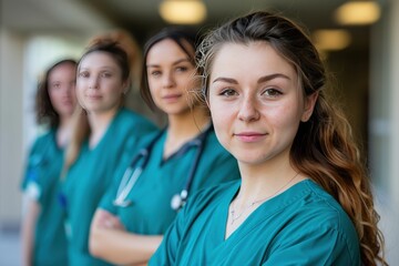 Fototapeta premium A group of medical professionals are standing together in a hospital setting, generative ai image
