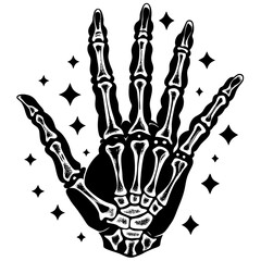 A skeleton hand with a star pattern on it. The hand is black and white. The hand is drawn with a lot of detail
