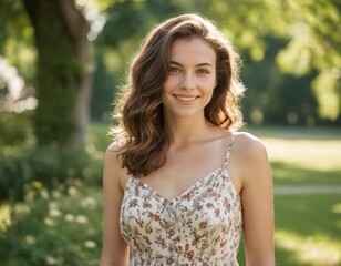 Naklejka premium Cheerful Woman in Sunlit Garden