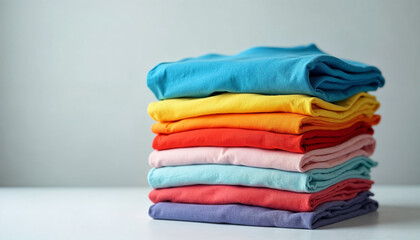 Neatly folded stack of vibrant cotton t-shirts in various colors, with a neutral background enhancing their visual appeal.






