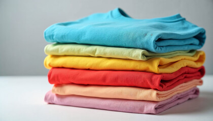 Neatly folded stack of vibrant cotton t-shirts in various colors, with a neutral background enhancing their visual appeal.







