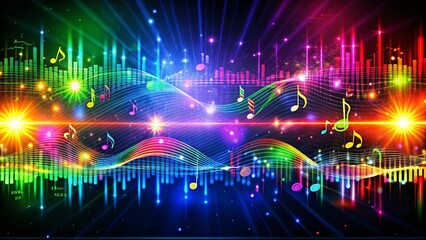 Obraz premium Abstract colorful music background with musical notes, waves and bright lights.