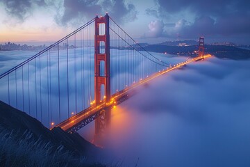 Fototapeta premium Golden Gate Bridge shrouded in fog at sunset, with city skyline in the background and orange lights illuminating the iconic structure.