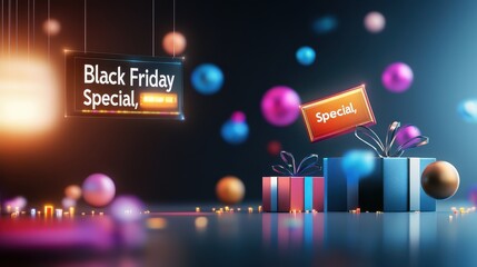 A digital flyer advertising a "Black Friday Special," with bright, colorful text and bold sale tags floating over a dark background.