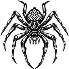 A black and white drawing of a spider with a black and white outline. The spider is drawn with a lot of detail, including its legs and eyes. The spider is depicted as being in a creepy or eerie mood