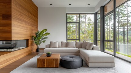 A modern living room with large windows, elegant couch, natural light, and stylish decor for a serene atmosphere.
