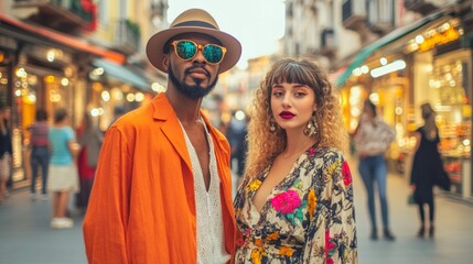 Obraz premium Fashionable couple posing confidently in vibrant street, stylish, trendy, fashionable concept