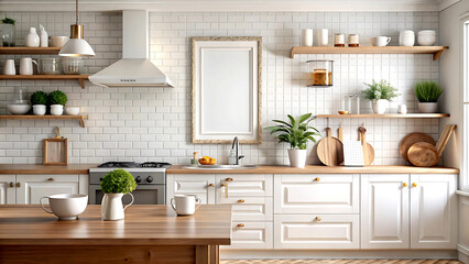 Frame mockup in kitchen interior background, Farmhouse style, 3d render, white Mock up frame