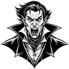 A vampire with a menacing look on his face and a mouth open wide. The vampire is wearing a cape and a shirt