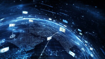 Digital dollar bills flying around a digital planet earth with other graphics, representing the concept of international business and finance