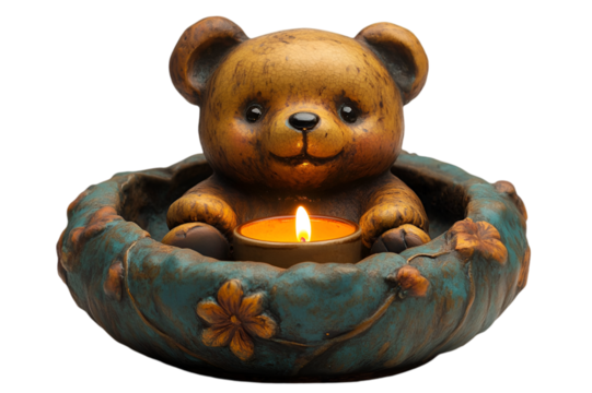 a teddy bear statue with a candle in it.