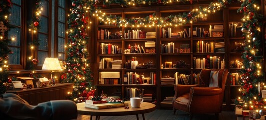 Naklejka premium A Christmas-themed library, with shelves decorated with garlands and fairy lights