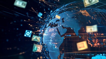 Digital us dollar bills are flying around a globe made of binary code, representing the concept of global digital currency