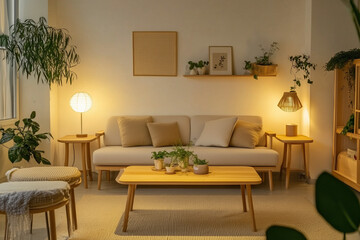 Fototapeta premium Modern living room interior with Scandinavian furniture, cozy atmosphere, soft lighting, plants and wooden elements