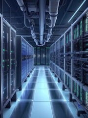 room with servers,server rack with servers,network cables connected to a server