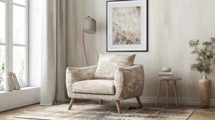 This modern living room showcases a cozy armchair with organic flowing forms, bathed in soft light, complemented by Japanese-inspired prints and a harmonious color palette.