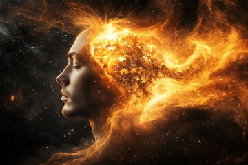 Artistic rendering of a womans head engulfed in fiery textures symbolizing brain activity creativity and emotional expression evoking the powerful energy of human cognition and thought
