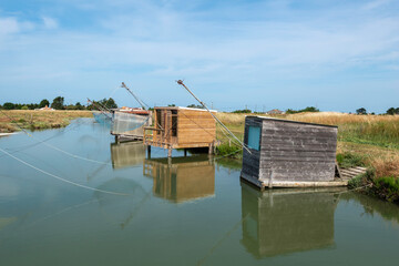 Riviere La Taillée, pêche au carrelet , Marais Breton, Vendée, Pont Neuf, Fontenay le Comte,  85, France