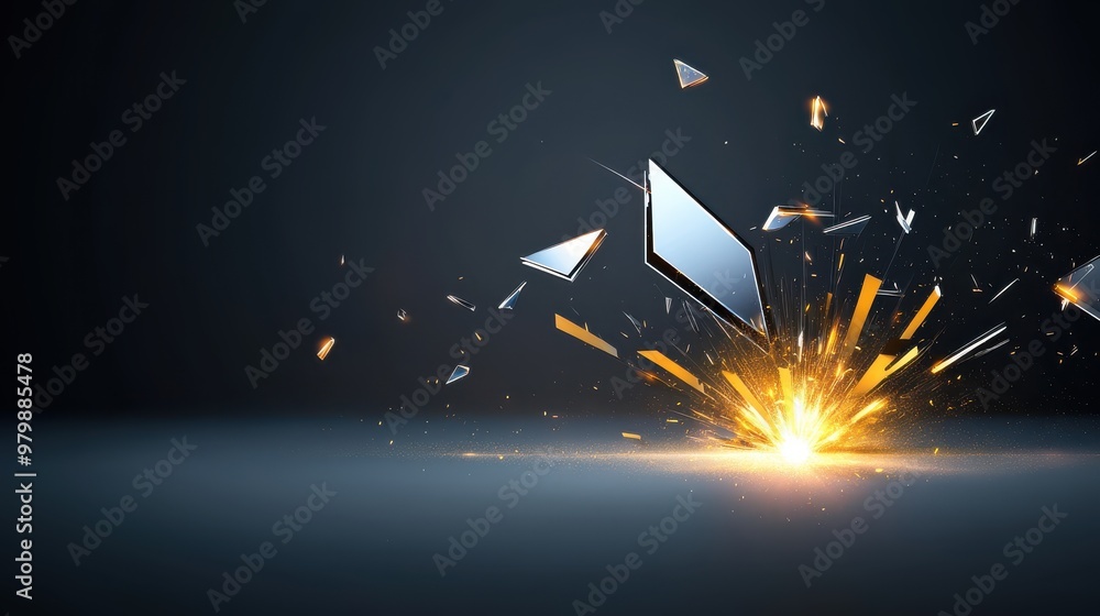 Poster a dramatic shatter vector graphic with sharp, fragmented edges, pieces exploding outward in all dire