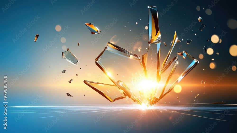 Poster a dramatic shatter vector graphic with sharp, fragmented edges, pieces exploding outward in all dire