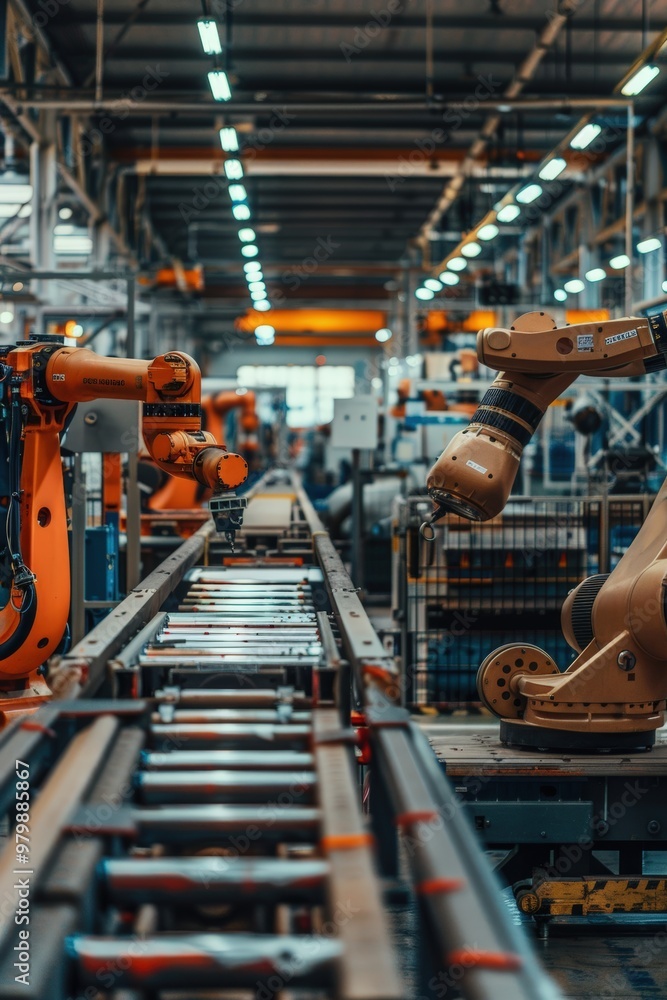 Poster automated factory with energy efficient machinery and robotics for high-tech manufacturing