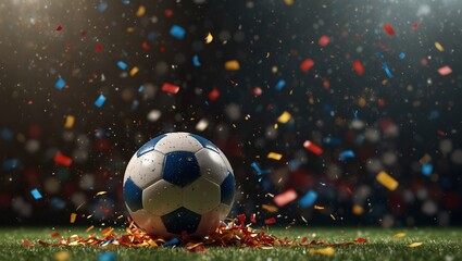 Soccer ball amidst colorful confetti on a vibrant field background