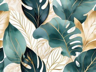  Elegant botanical leaves pattern, green and gold tones, nature-inspired. Abstract art background. Luxury minimal style wallpaper with golden line art flower and botanical leaves, organic shapes 