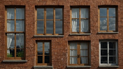 Fototapeta premium Brick building facade with wooden frame windows and reflections